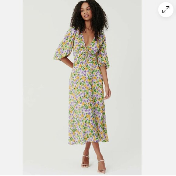 Nicholas NEW Danielle Lace Up Ruched Crepe Midi Dress In Whistledown Floral Sz 6 - Picture 1 of 5